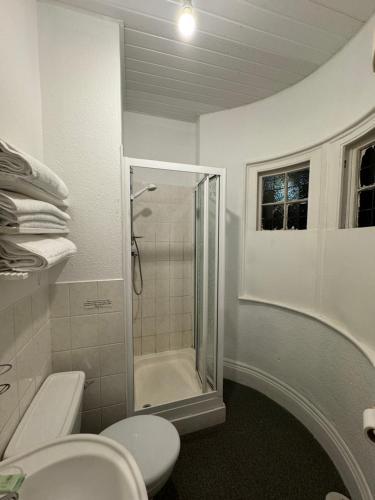 ニューポートにあるGuesthouse 24-7 The Old Knoll Guesthouseの白いバスルーム(シャワー、トイレ付)
