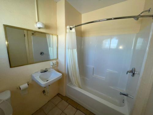 愛麗絲的住宿－Bel-Air Motel，浴室配有盥洗盆和带镜子的淋浴