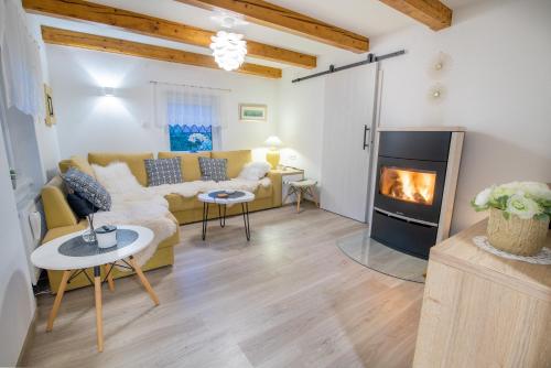 a living room with a couch and a fireplace at River house HRIB in Preddvor