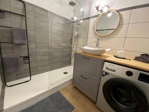 une salle de bain avec une machine à laver et un lavabo dans l'établissement Le Faucon du Donon, à Grandfontaine