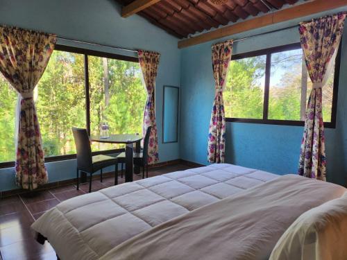 a bedroom with a large bed and two windows at Rancho San Miguel in Villa del Carbón