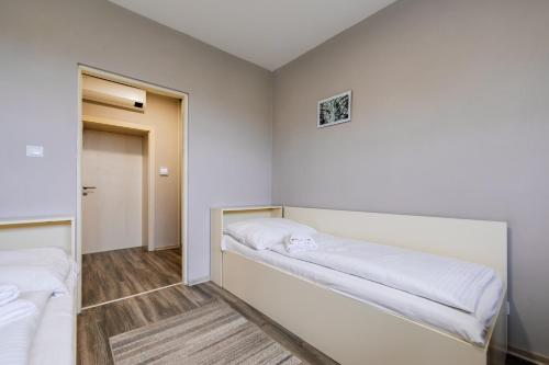 a room with two beds and a mirror at Penzión Aqua Maria in Veľaty