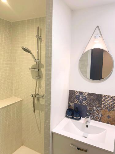 une salle de bain avec un lavabo et une douche avec un miroir dans l'établissement Charmant appartement à Ampus, à Ampus