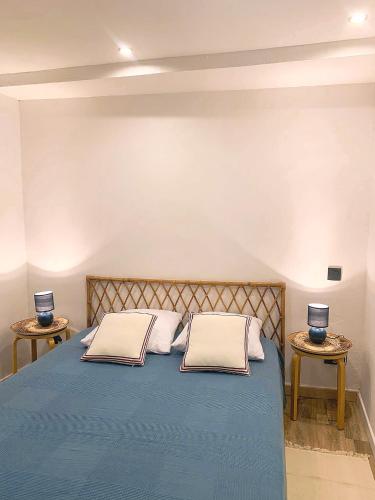 - un lit bleu avec 2 oreillers au-dessus dans l'établissement Charmant appartement à Ampus, à Ampus