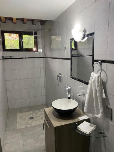 a bathroom with a sink and a mirror at Huerta Don Felipe in Irimbo