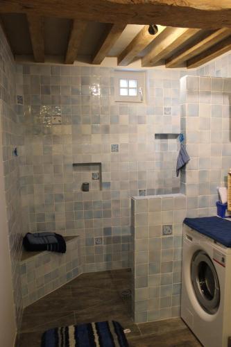 La salle de bains est pourvue d'une douche et d'un lave-linge. dans l'établissement La maison de Mariette, à Villers-sur-Mer