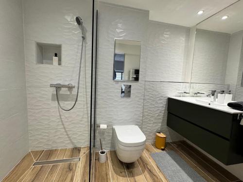 une salle de bain avec une douche, des toilettes et un lavabo dans l'établissement L’OPÉRA-GARE, à Lille