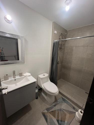 uma casa de banho com um WC, um lavatório e um chuveiro em Estadía Allison em Guatemala