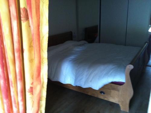 a bedroom with a bed and a curtain at Appartement proche Sites Olympiques et Disneyland Paris, Bords de Marne in Dampmart