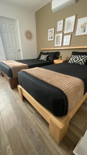 a bedroom with two beds and a couch at Casa Mazatlán, alberca, baño y clima en cada habitacion in Mazatlán