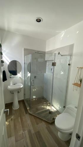 a bathroom with a shower and a toilet and a sink at Casa Mazatlán, alberca, baño y clima en cada habitacion in Mazatlán