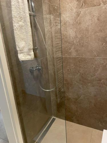 eine Dusche mit Glastür im Bad in der Unterkunft SEOS in Graz