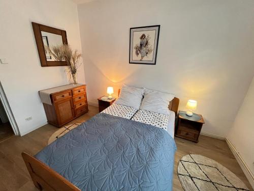 - une chambre avec un lit bleu et 2 tables de chevet dans l'établissement Apartament Ponikwoda, à Lublin
