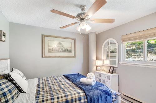 a bedroom with a ceiling fan and a bed at The Tree House in Evergreen