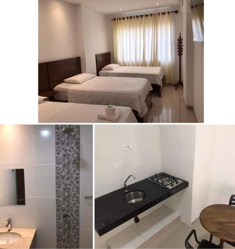 a hotel room with two beds and a sink at Hadasa in Santa Cruz de la Sierra