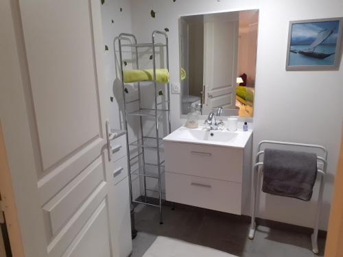 a bathroom with a sink and a ladder next to a mirror at Studio " LE FARE DES TERRES ROUGES" Dans L AUDE in Arques