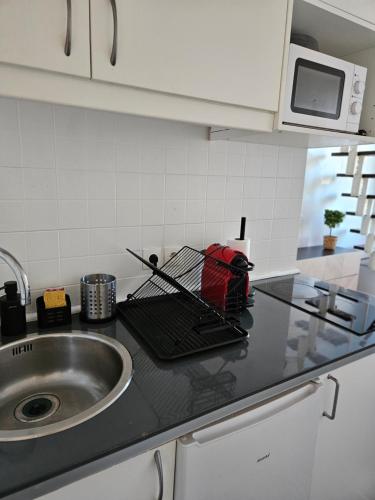 - un comptoir de cuisine avec un portant à côté d'un évier dans l'établissement Duplex Stade de France 23 pour 4 personnes, à Saint-Denis