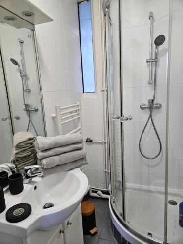 une salle de bain blanche avec une douche et un lavabo dans l'établissement Duplex Stade de France 23 pour 4 personnes, à Saint-Denis