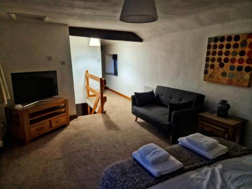 a living room with a couch and a television at the lodge@ beechwood house in Mossley