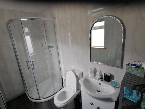 y baño con ducha, aseo y lavamanos. en An Teach Beag Glencolmcille, little home from home, en Glencolumbkille
