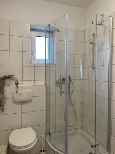 uma casa de banho com um chuveiro e um WC. em Nordsee FeWo em Bremerhaven