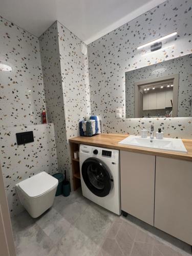 ein Badezimmer mit einer Waschmaschine und einem Waschbecken in der Unterkunft Apartamenty Alexa Tatarska B in Przemyśl