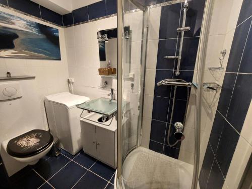 uma casa de banho com um chuveiro, um WC e um lavatório. em Résidence Montcalm D - Studio pour 3 Personnes 704 em Aix-les-Bains
