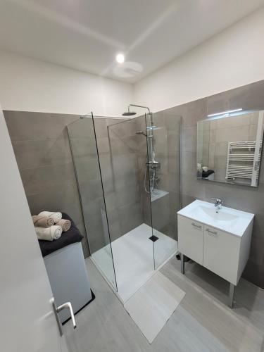un baño con ducha y lavabo en APPARTEMENTS DANS VILLA EN REZ DE JARDIN, en Hyères