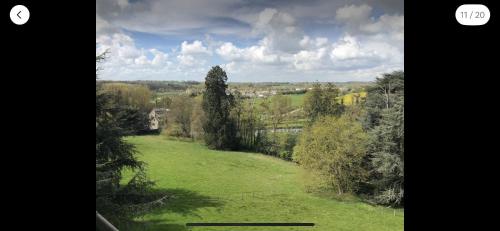 - une vue sur un champ herbeux avec des arbres et des maisons dans l'établissement Château de la Franceule - la petite, à Janzé
