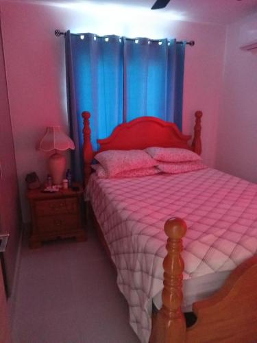 um quarto com uma cama com uma cortina azul em Crisfer Punta Cana em Punta Cana