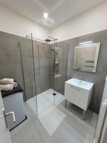 une salle de bain avec une douche en verre et un lavabo dans l'établissement APPARTEMENTS DANS VILLA EN REZ DE JARDIN, à Hyères
