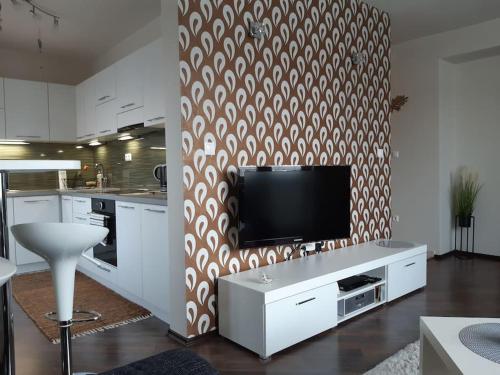 una cucina con TV a schermo piatto a parete di Slnečný 2 izbový byt 5 minút od centra mesta a Zvolen