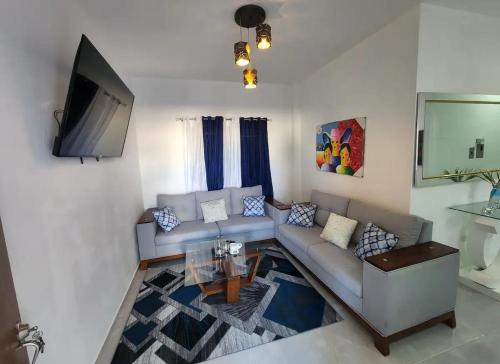 ein Wohnzimmer mit einem Sofa und einem TV in der Unterkunft Umbrella Street, city Center, close to many atracctions in San Felipe de Puerto Plata