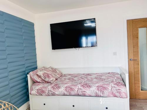 een kamer met een bank en een flatscreen-tv aan de muur bij City Studio Apartment Swansea - Includes Free Parking in Swansea