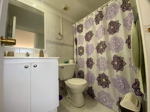 a bathroom with a toilet and a shower curtain at Deptos y habitaciones en sector sur de Iquique, Chile, frente al mar in Iquique
