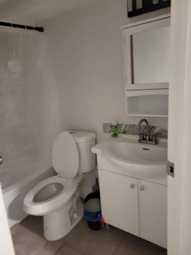 a white bathroom with a toilet and a sink at Private Family Hideaway or Business Travel in Edmonton - 2 Bedroom Apartment in Edmonton