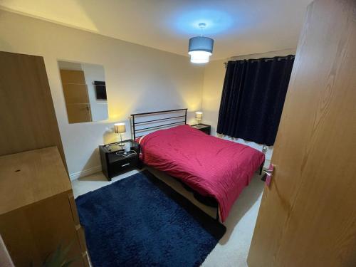 伯明罕的住宿－Luxury ensuite room near city centre，一间卧室配有红色的床和蓝色地毯