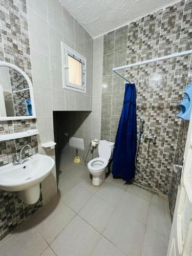 uma casa de banho com um WC, um lavatório e um chuveiro em À 2 pas de la medina em Kairouan