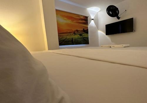 um quarto com uma cama e uma televisão na parede em Hotel Opera, Centro Medellín, Entertainment,Y Bar, Solo Adultos em Medellín