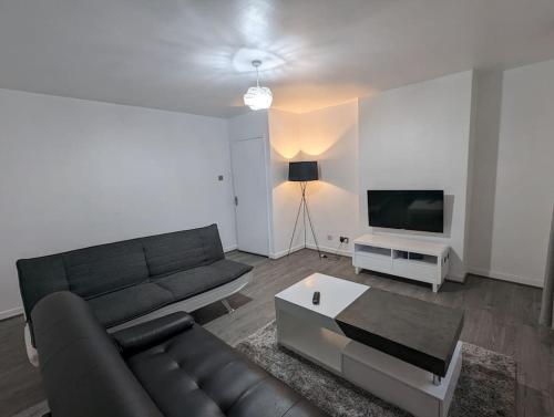 a living room with a couch and a tv at 3 Bedroom Apartment Sleeps 8 in Edinburgh