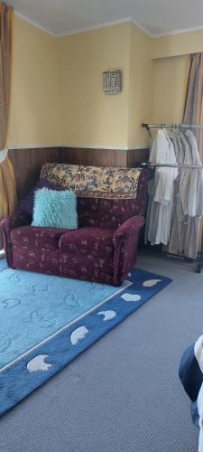 a living room with a red couch and a blue rug at Bed and Breakfast Happy Home Taupo Accommodation in Taupo