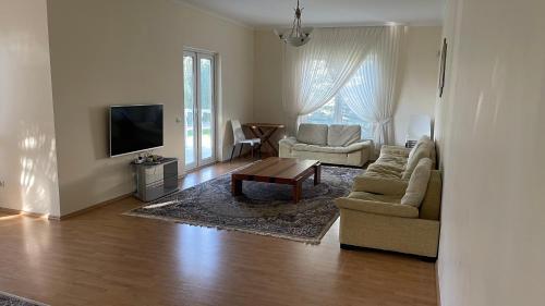 a living room with a couch and a tv at Luxury-Family-Cottage in Bosteri