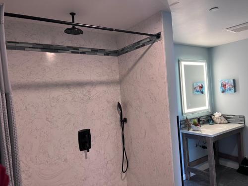 a shower in a bathroom with a pink wall at HarborWalk Inn in Morro Bay