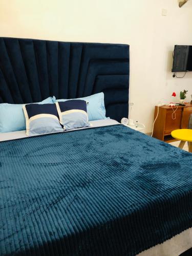 a large blue bed with a blue comforter and pillows at Cozy Pad in Kampala