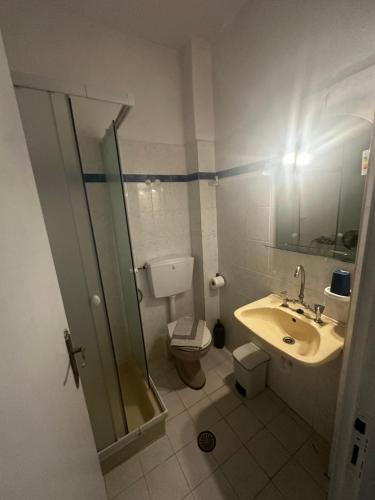 a bathroom with a toilet and a sink and a shower at Pansion Angela in Skiathos Town