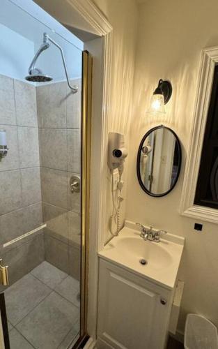 a bathroom with a shower and a sink and a mirror at PlanetView Delux Richmond XL- walk Best MexFood in Richmond
