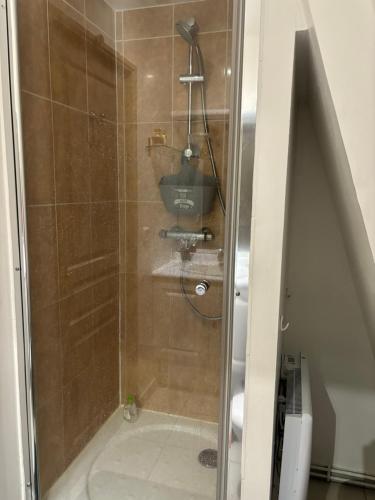 une douche avec une porte vitrée dans une salle de bain dans l'établissement Deauville vue port centre ville, à Deauville
