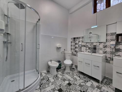 a white bathroom with a toilet and a shower at Hotel Perla Oltului in Caciulata