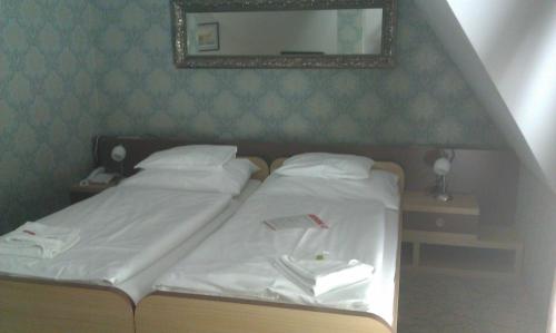 Hotel Zamek Berchtold في Strančice: غرفة نوم مع سرير ومرآة على الحائط