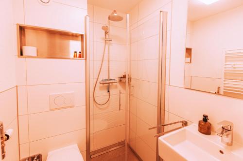 uma casa de banho com um chuveiro, um WC e um lavatório. em FeWo Allgäuzeit mit WLAN Oberstaufen Steibis em Oberstaufen